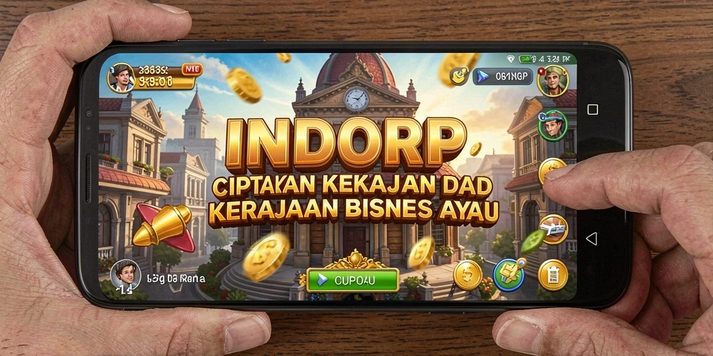 Screenshot gameplay INDORP yang menampilkan membangun kerajaan bisnis di dunia virtual.