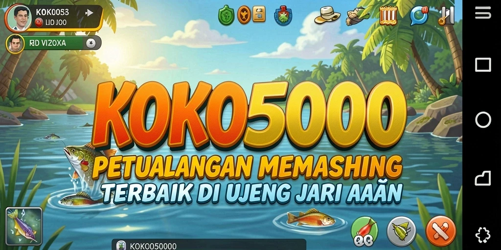 Tampilan gameplay KOKO5000 dengan memancing di lokasi yang indah.