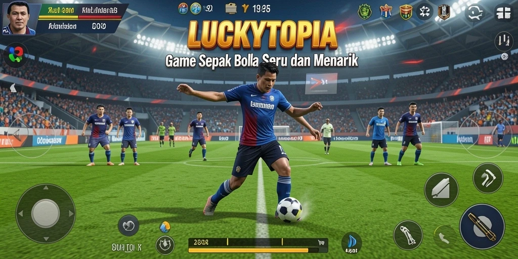 Screenshot dari gameplay LUCKYTOPIA yang menampilkan pertandingan sepak bola seru.