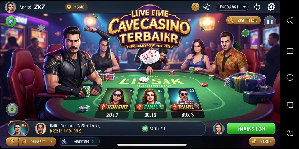 Screenshot gameplay ZK7 menampilkan dealer langsung yang ramah dan suasana kasino yang mendebarkan.